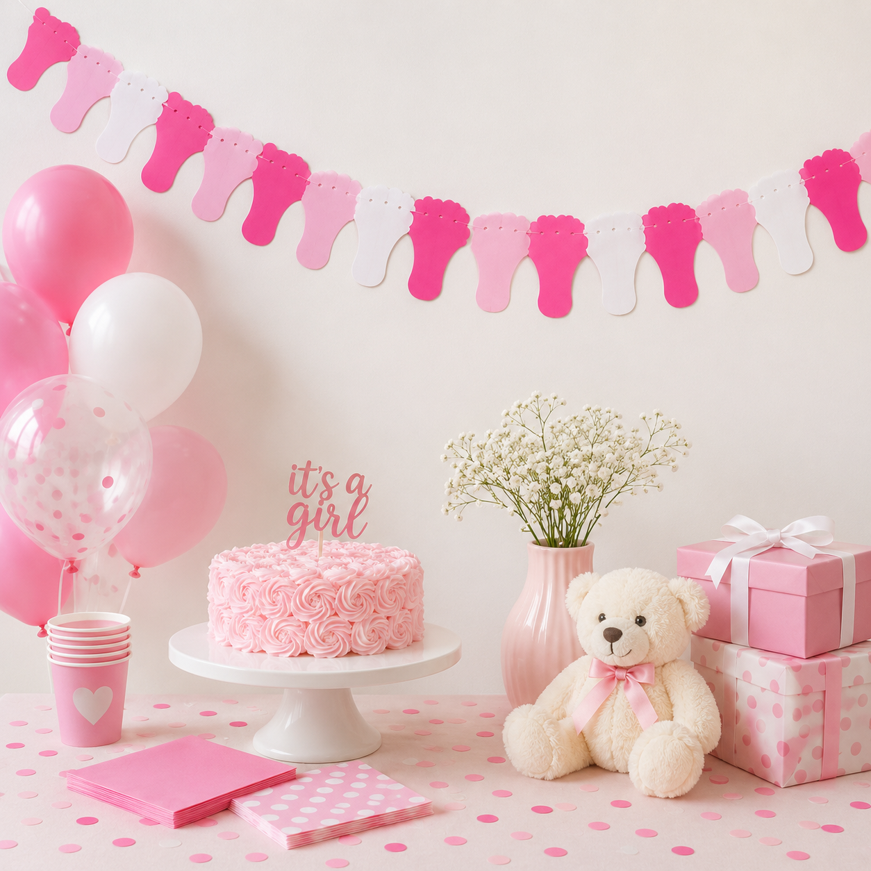 Vlaggenlijn Babyvoetjes roze/wit