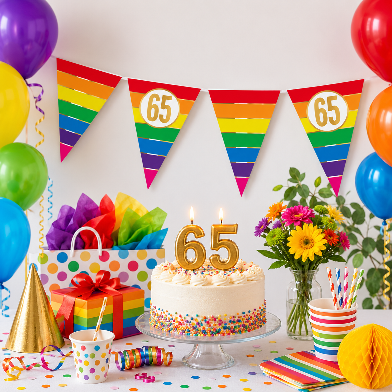Vlaggenlijn regenboog goud 65 jaar - 5m (15 vlaggen)