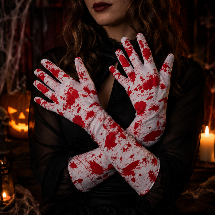 Handschoenen Halloween lang rood/wit