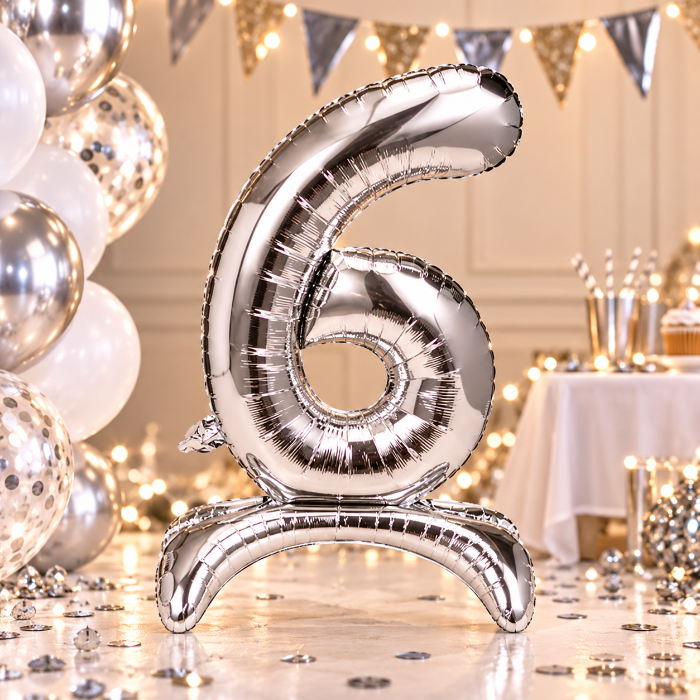 Folieballon - staand - cijfer - 6 - zilver - 68cm