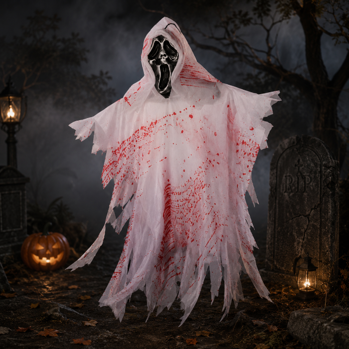 Hangdecoratie Halloween spook met masker wit/rood