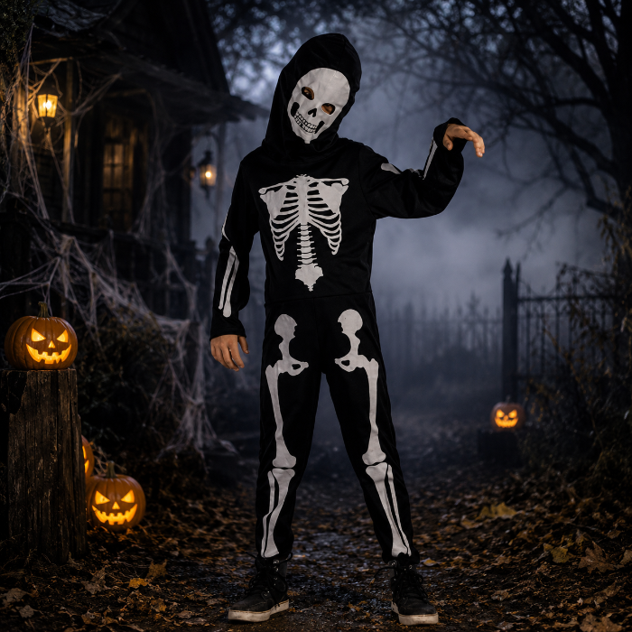 Kostuum Halloween skelet jongen zwart/wit 120-130cm