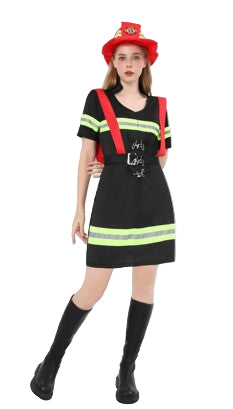 Kostuum brandweervrouw zwart/geel/rood one size