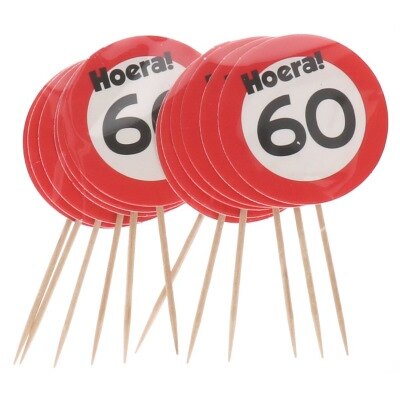 Cocktailprikkers - 60 jaar - rood/wit - 12 stuks