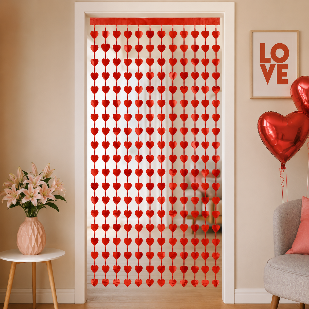 Deurgordijn - hartjes - folie - rood - 100 x 185cm