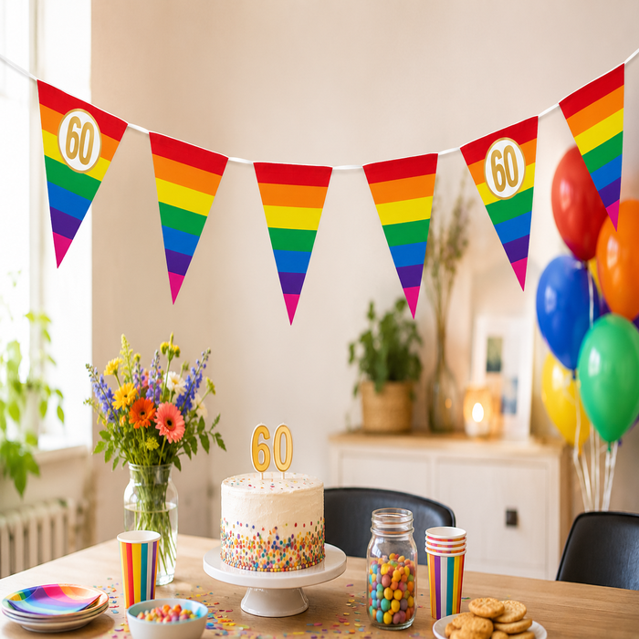Vlaggenlijn regenboog goud 60 jaar - 5m (15 vlaggen)