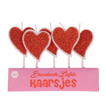 Taartkaarsjes - hartjes - glitter - rood - 5 stuks