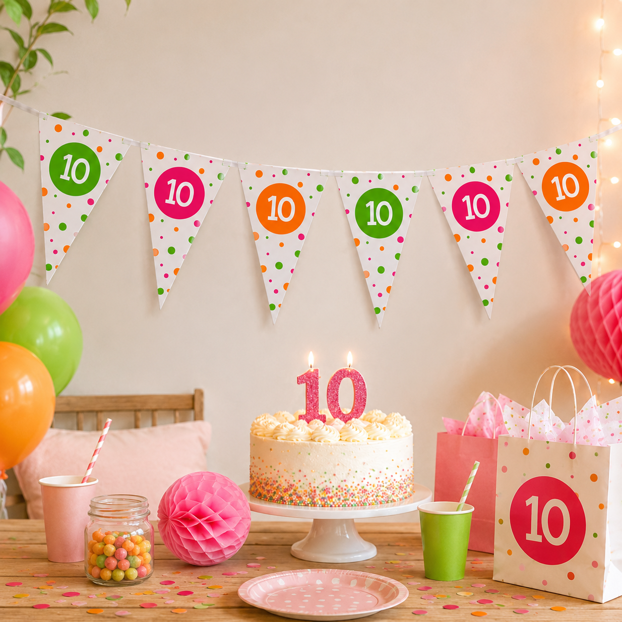 Vlaggenlijn neon 10 jaar - 4m (15 vlaggen)