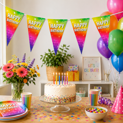 Vlaggenlijn regenboog Happy birthday - 6m (15 vlaggen)