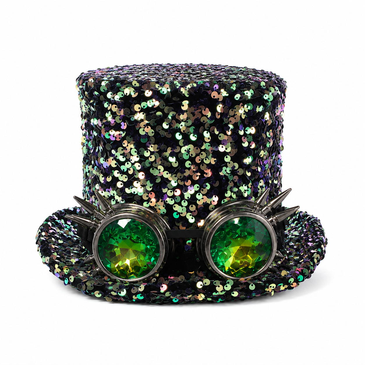 Hoed iriserend pailletten steampunk met bril