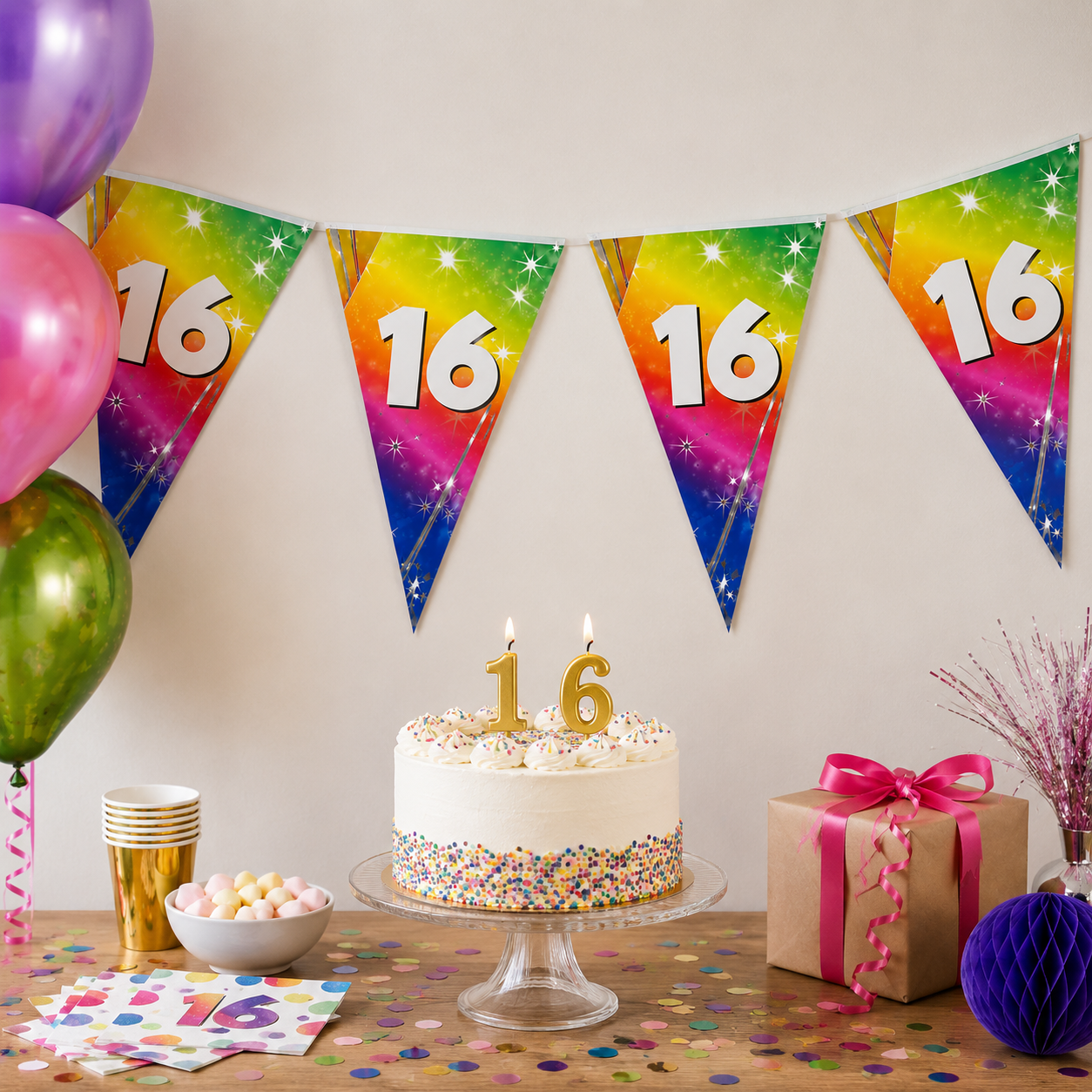 Vlaggenlijn regenboog 16 jaar - 6m (15 vlaggen)