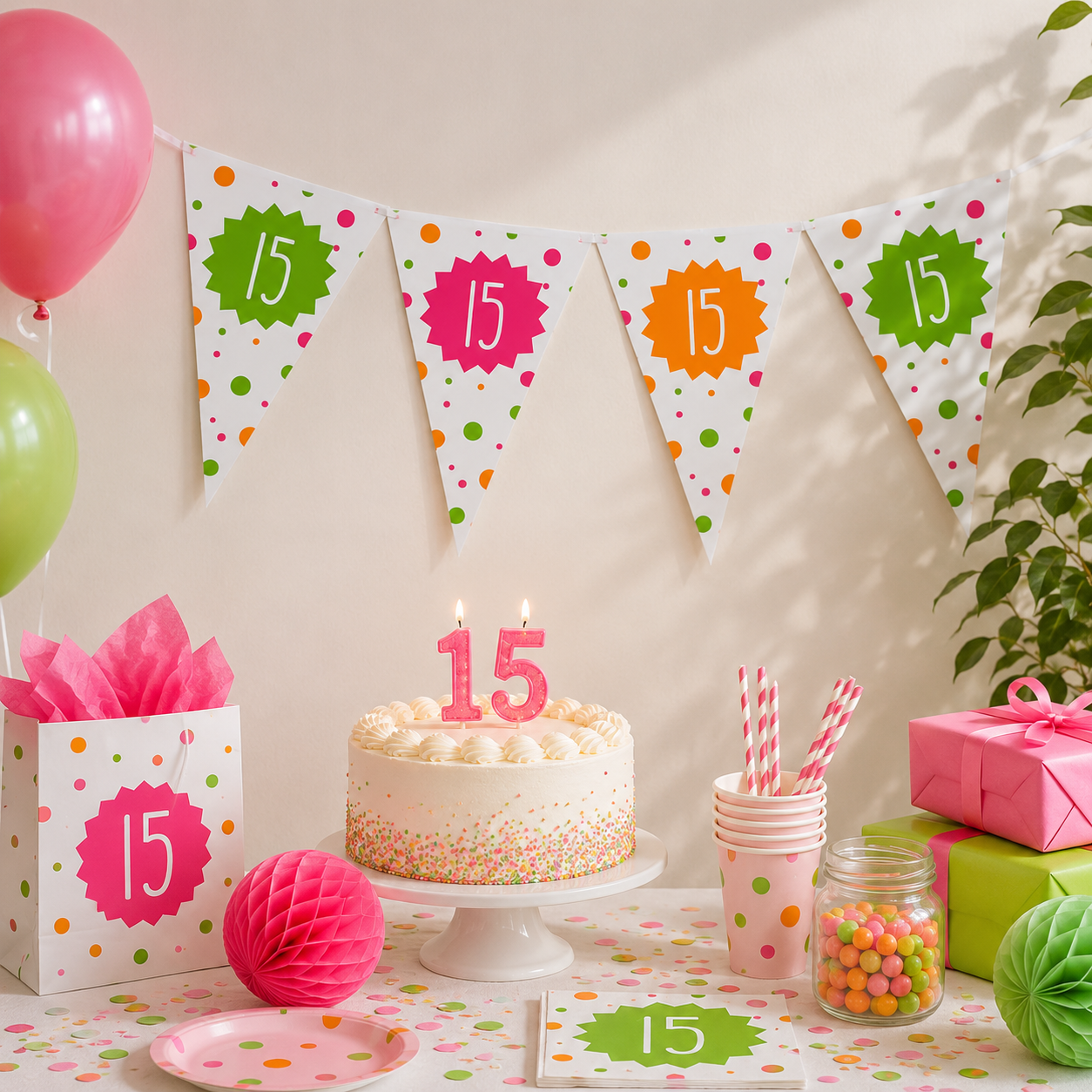 Vlaggenlijn neon 15 jaar - 4m (15 vlaggen)
