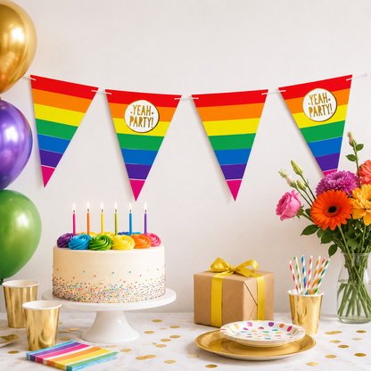 Vlaggenlijn regenboog goud Yeah party - 5m (15 vlaggen)