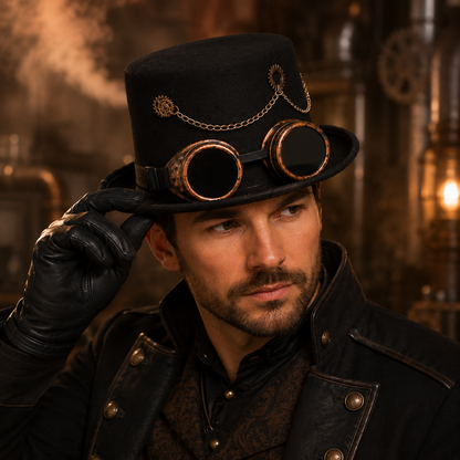 Hoed steampunk zwart met bril