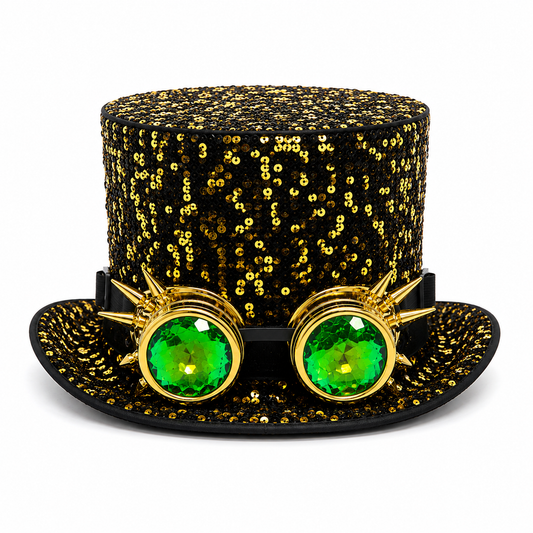 Hoed goud pailletten steampunk met bril