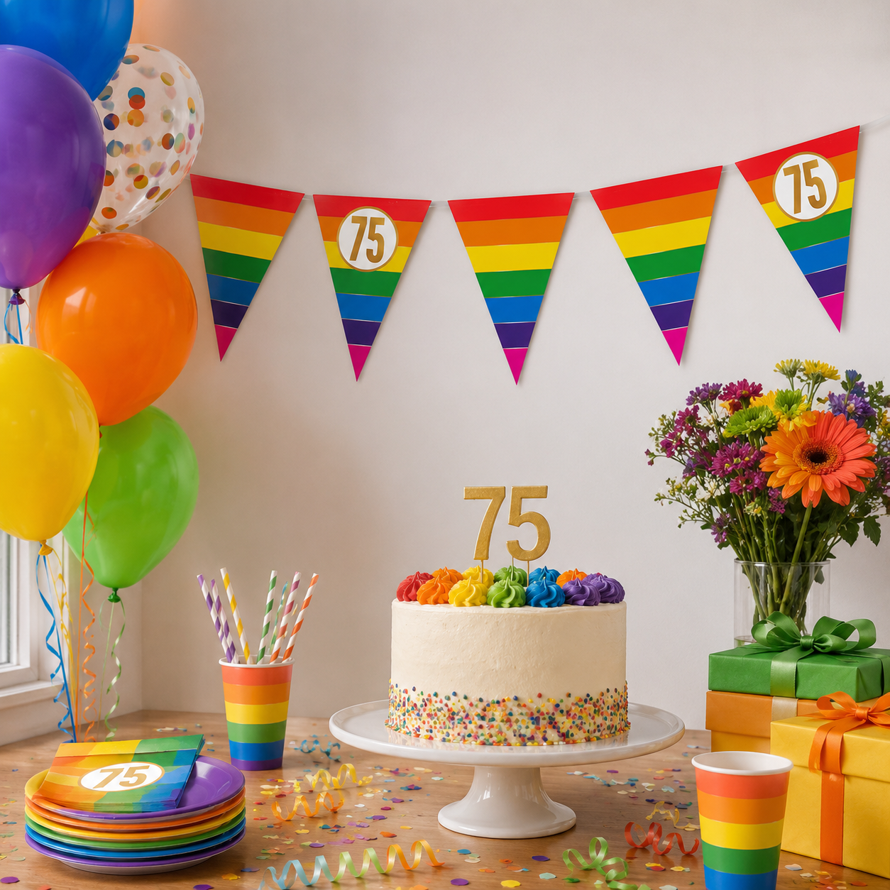 Vlaggenlijn Regenboog goud 75 jaar - 5m (15 vlaggen)