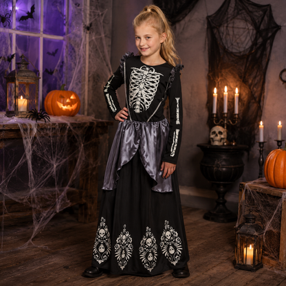 Kostuum Skeleton queen zwart/wit meisje 7-9 jaar