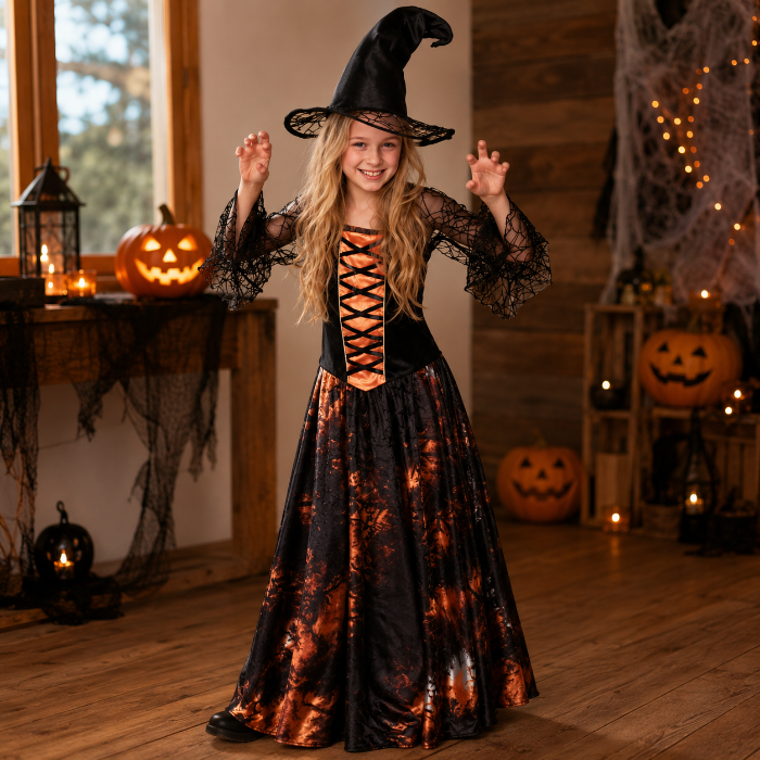Kostuum Dazzling witch zwart/oranje meisje 4-6 jaar