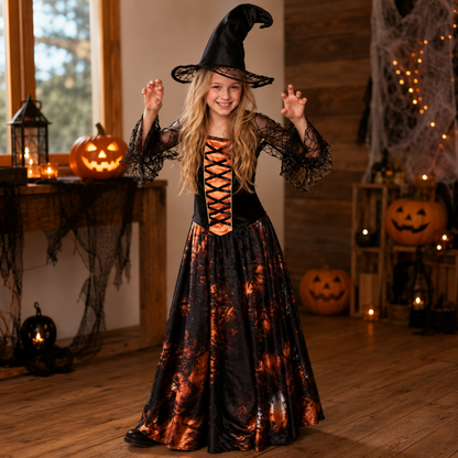 Kostuum Dazzling witch zwart/oranje meisje 4-6 jaar