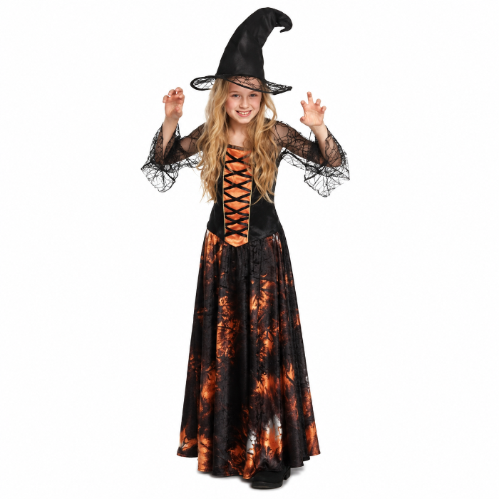 kostuum-dazzling-witch-zwart-oranje-meisje-maat-7-9-jaar