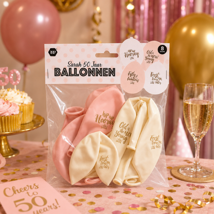 Ballonnen Sarah 50 jaar spreuken wit/roze 8 stuks