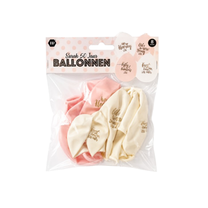 Ballonnen Sarah 50 jaar spreuken wit/roze 8 stuks