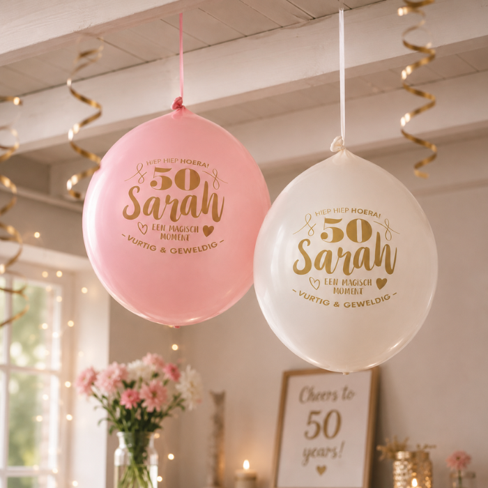 Ballonnen Sarah 50 jaar wit/roze 8 stuks