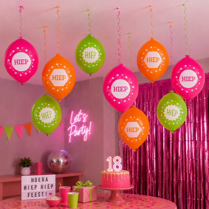 Ballonnen Hiep hiep hiep neon met wit 9 stuks