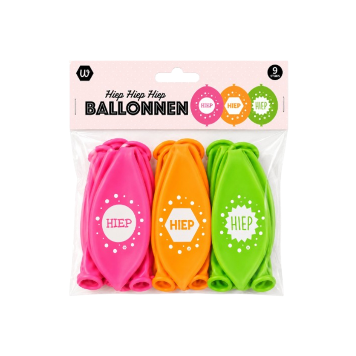 Ballonnen Hiep hiep hiep neon met wit 9 stuks