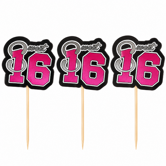 cocktailprikkers-sweet-16-zilver-roze-zwart-10-stuks