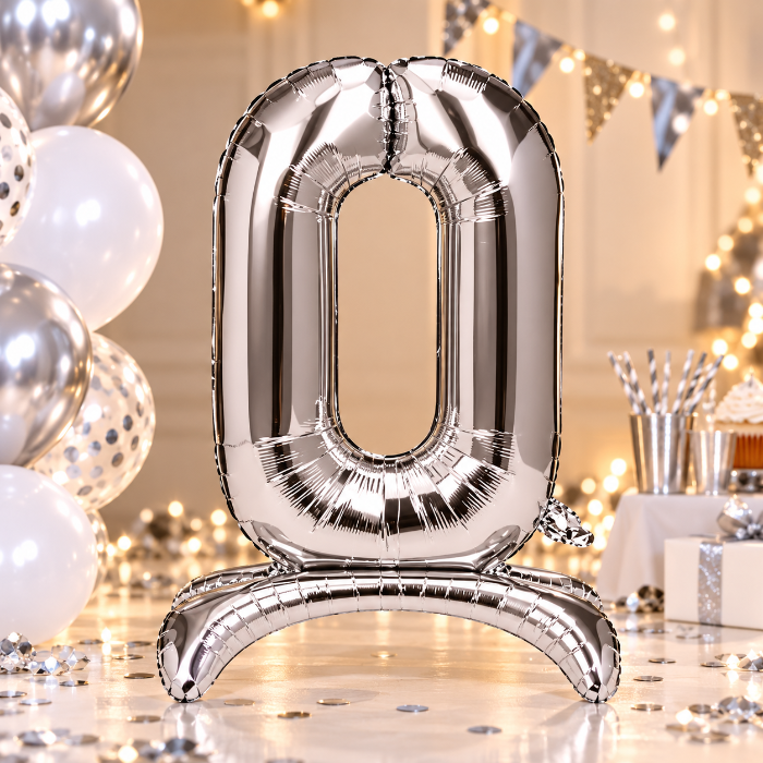 Folieballon - staand - cijfer - 0 - zilver - 68cm