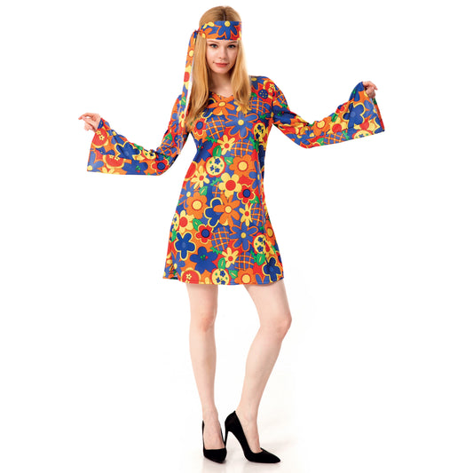 Kostuum hippie jurk en haarband L/XL