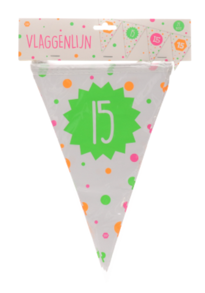 Vlaggenlijn - Hiep hiep - 15 jaar - meerkleurig - 15 vlaggen - 4m