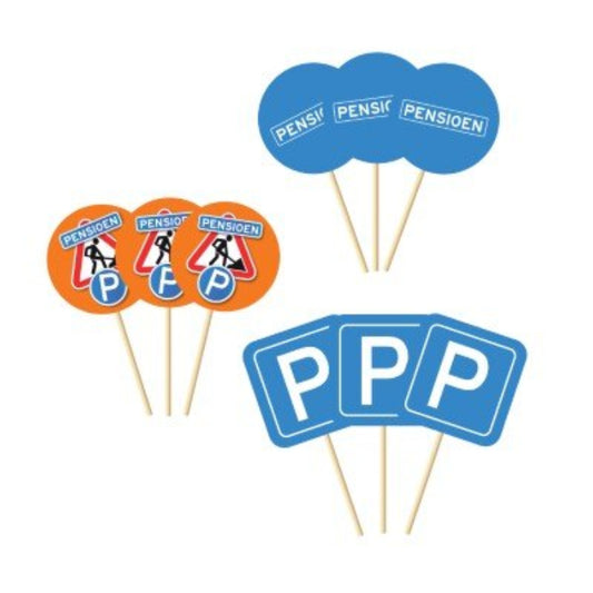 cocktailprikkers-pensioen-verkeersborden-oranje-wit-blauw-9-stuks