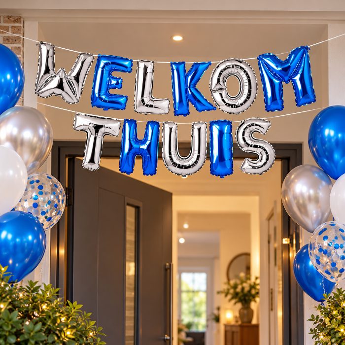 Folieballon - slinger - Welkom thuis - blauw/zilver - 36cm