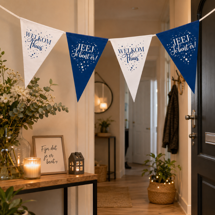 Vlaggenlijn 'Welkom thuis' blauw/wit - 4m
