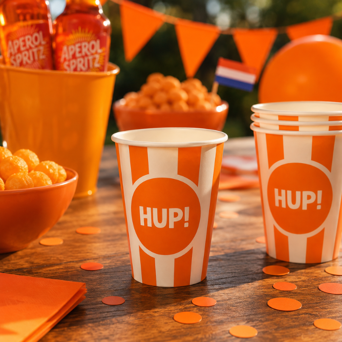 Bekers Hup papier oranje/wit 250ml 8 stuks