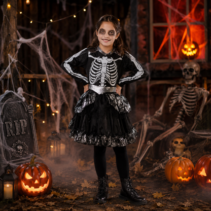 Kostuum meisjes skelet zwart/wit 8-10 years