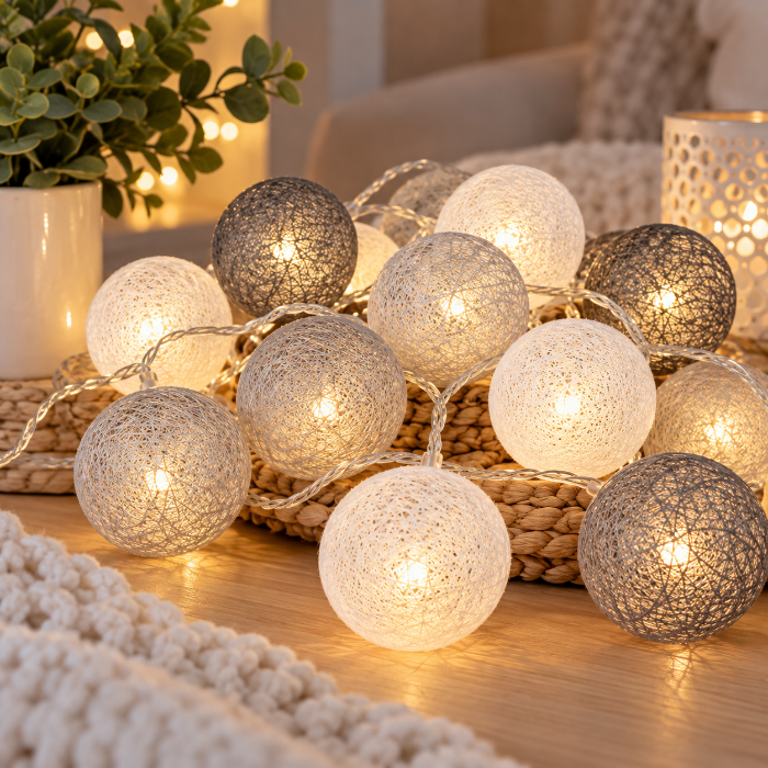 cottonball lichtsnoer wit bruin 10 ballen 2m