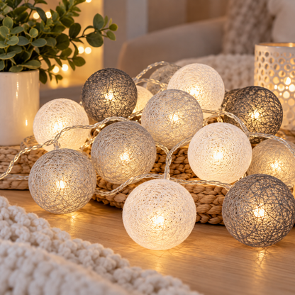 cottonball lichtsnoer wit bruin 10 ballen 2m