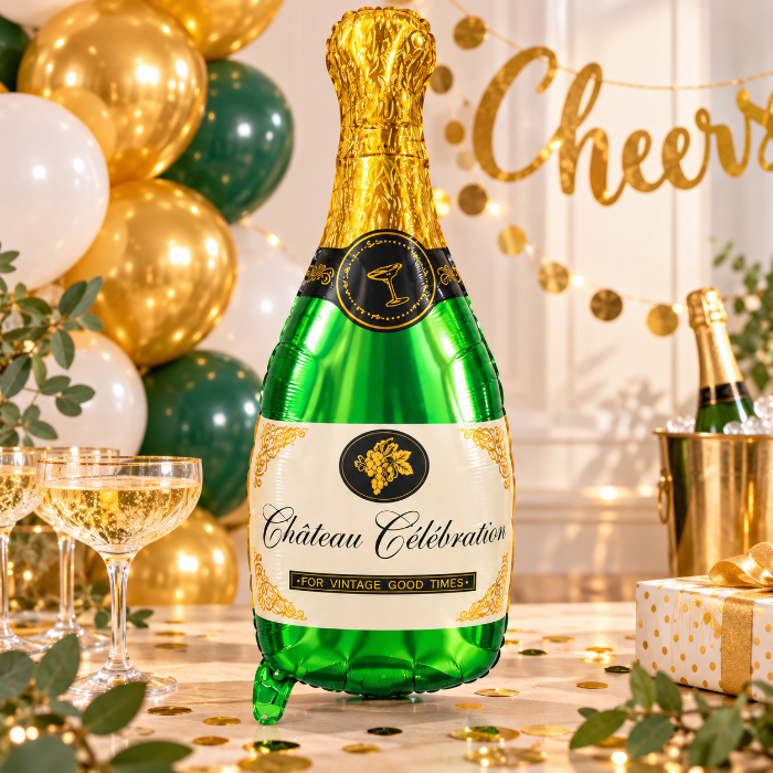 Folieballon_champagnefles_groen_goud