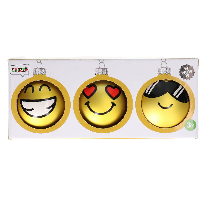Kerstballen Emoji - set van 3 (smile, heart eyes, sunglasses)