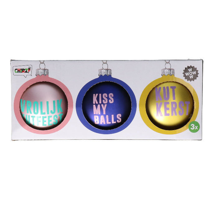 Kerstballen tekst geel roze paars set van 3