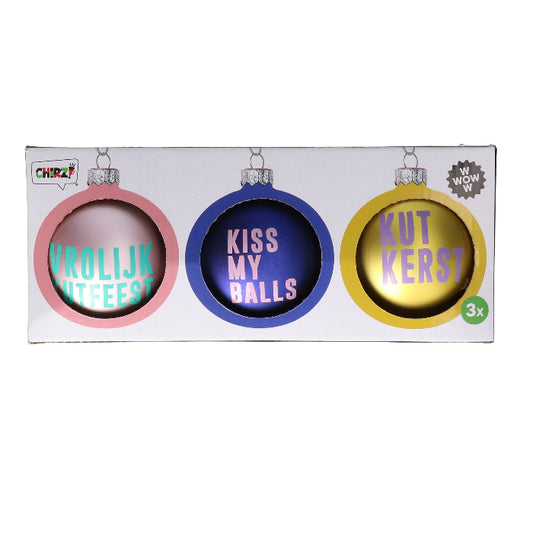 Kerstballen tekst geel roze paars set van 3