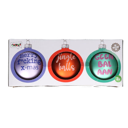 Kerstballen tekst lila rood groen set van 3