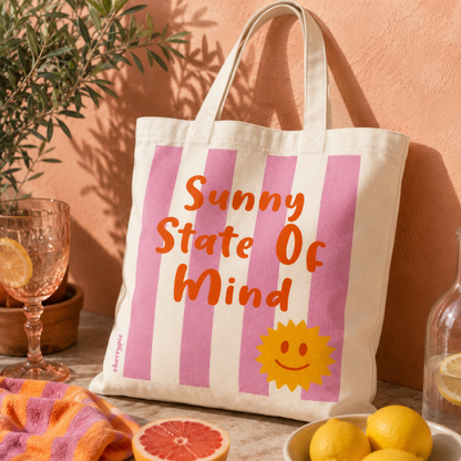 Wit-roze canvas gestreepte strandtas "Sunny state of mind"