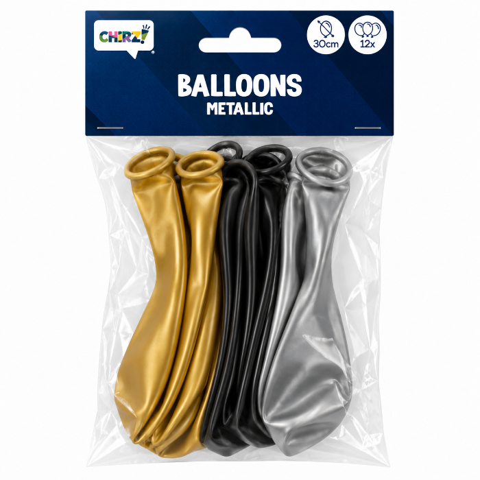 Ballonnen Metallic - Mix 
Goud/Zilver/Zwart - 30cm - 12 stuks