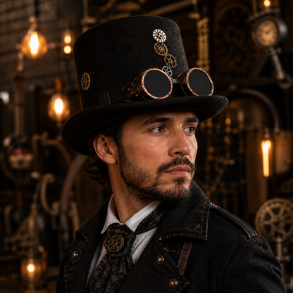 Hoed steampunk zwart met bril