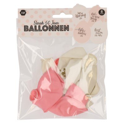 Ballonnen - Fifty & Fabulous - Sarah - 50 jaar - spreuken - wit/roze - 8 stuks
