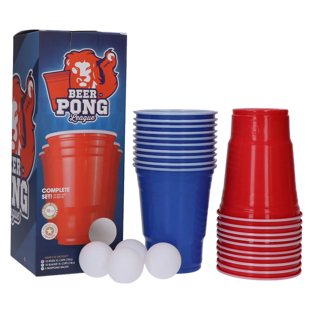 Beer pong set compleet 20 bekers rood/blauw 4 ballen